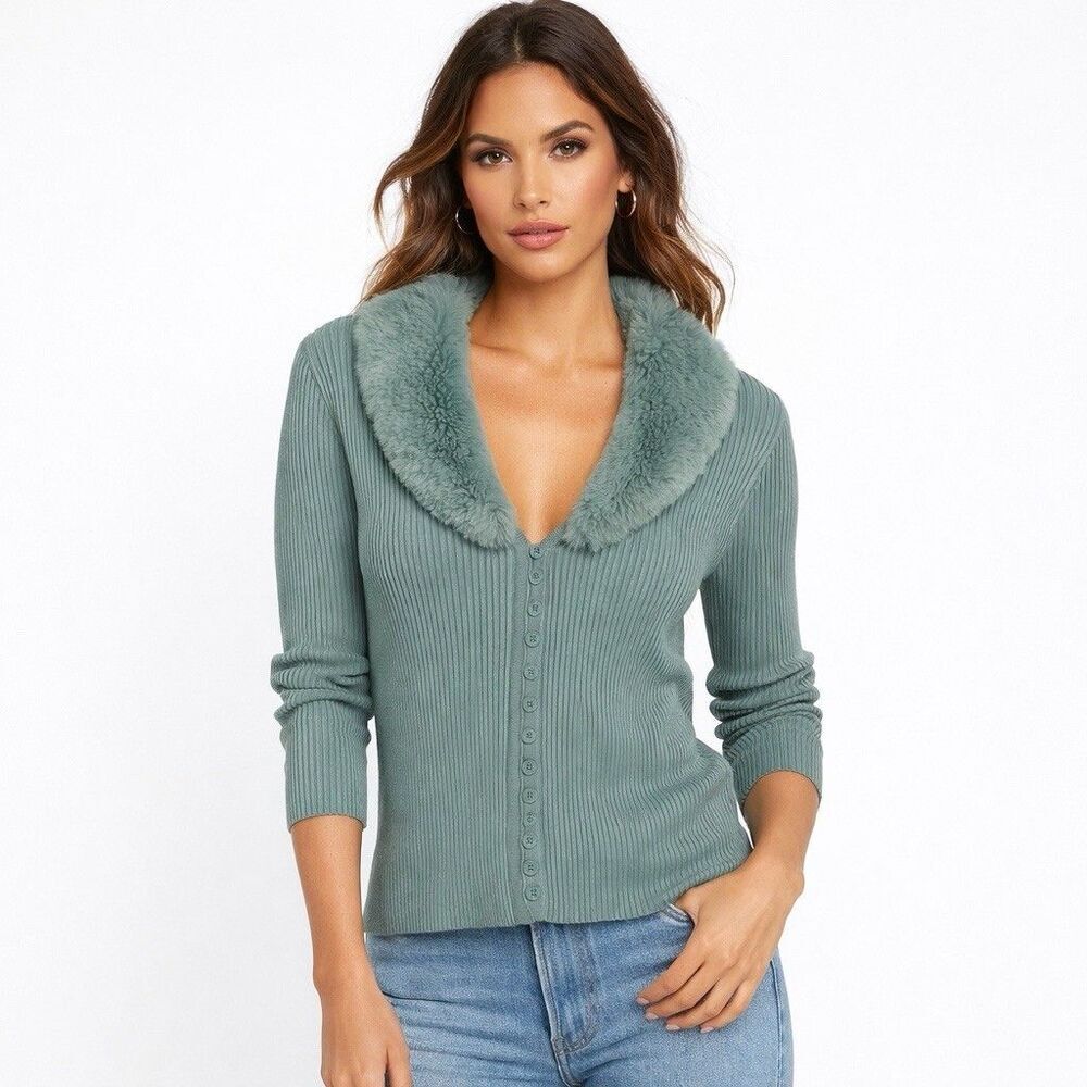 Emerson Lang Cardigan Sweater XL Sea Foam Ribbed Knit Faux Fur Collar Button
